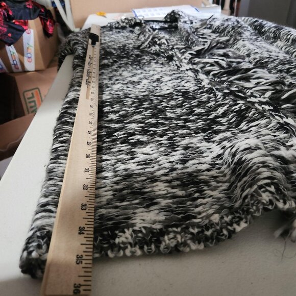 New Directions Cardigan Hooded Fringe Open Front Sweater XL Black White - Picture 8 of 14